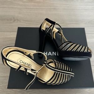 CHANEL Suede Black & Gold Open Shoes Size 36